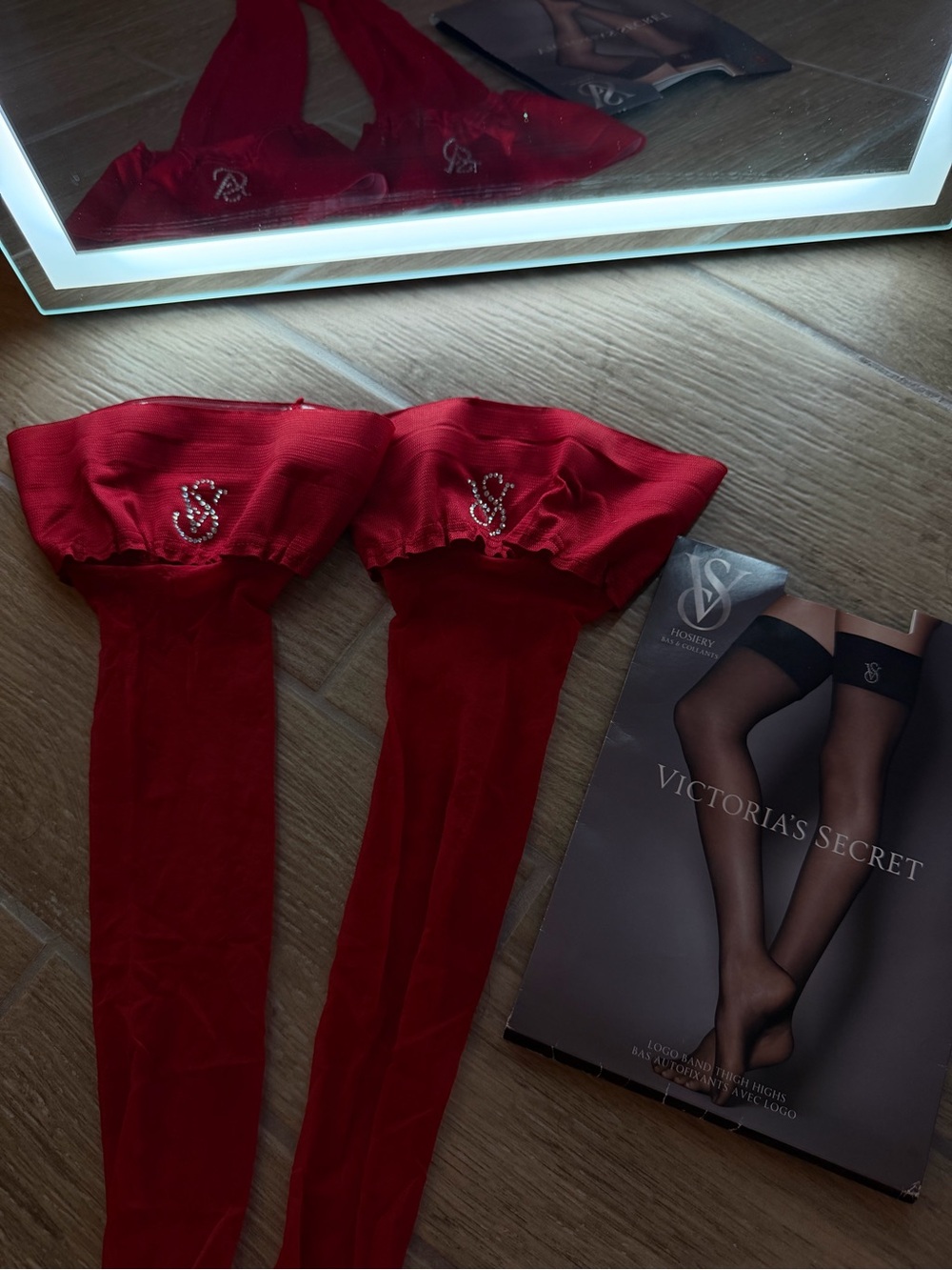 Victoria's Secret Red Sheer Thigh-Highs with Rhinestone Logo